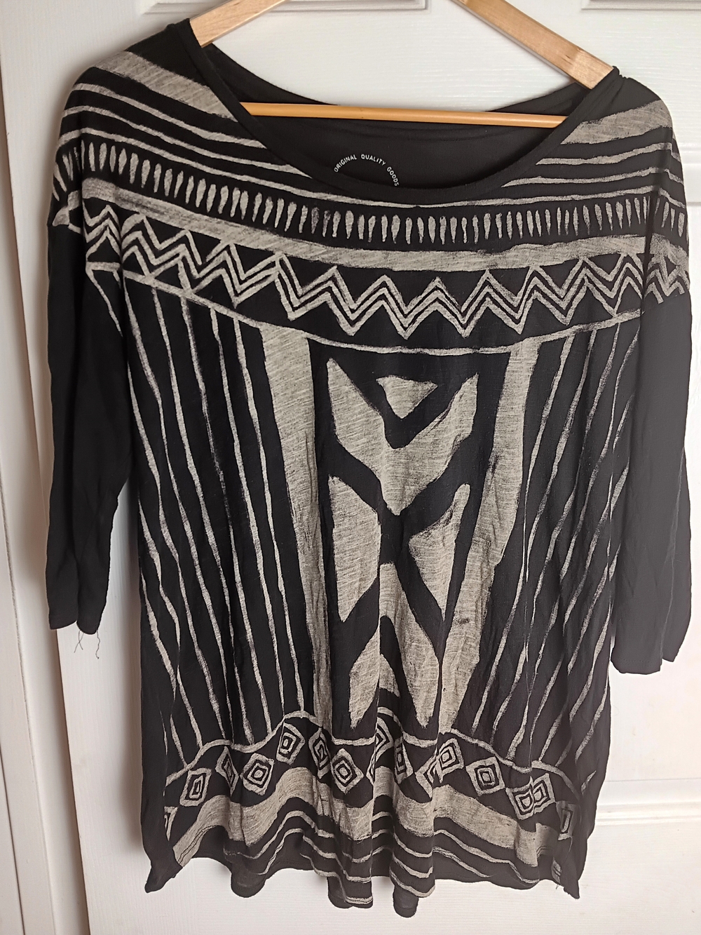 Lucky Brand Women's 1X Black Tan Geometric Tribal Print 1/2 Sleeve Top
